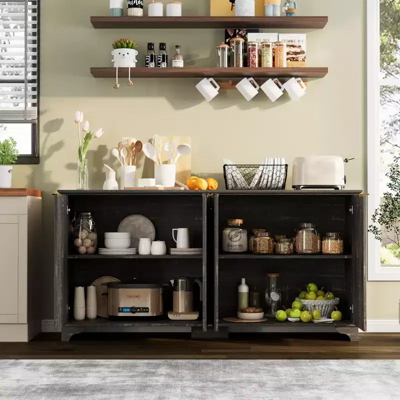 Whizmax Bahut buffet cannelé avec 4 portes et rangement, meuble de rangement avec étagères réglables, buffet de bar à café pour cuisine, salon