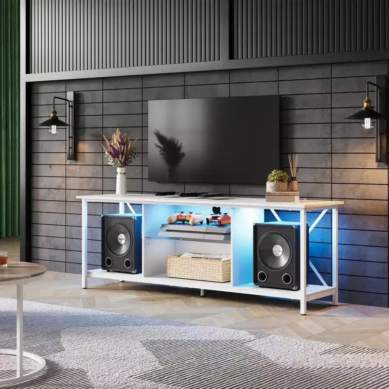 Meuble TV GALAXHERO 55 pour téléviseur 65 pouces, meuble de divertissement industriel avec lumières LED et étagère en verre, console TV pour salon/chambre à coucher
