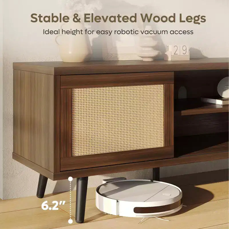 Meuble TV Bestier 63" style milieu de siècle pour téléviseurs jusqu'à 75", meuble TV avec placards de rangement et étagères ouvertes pour salon
