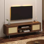 Meuble TV Bestier 63" style milieu de siècle pour téléviseurs jusqu'à 75", meuble TV avec placards de rangement et étagères ouvertes pour salon