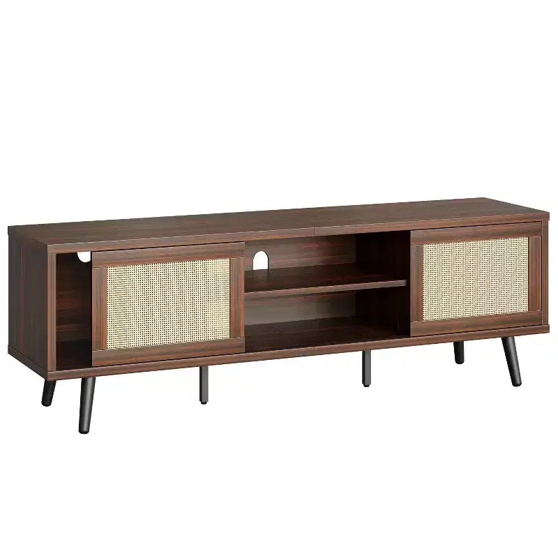 Meuble TV Bestier 63" style milieu de siècle pour téléviseurs jusqu'à 75", meuble TV avec placards de rangement et étagères ouvertes pour salon