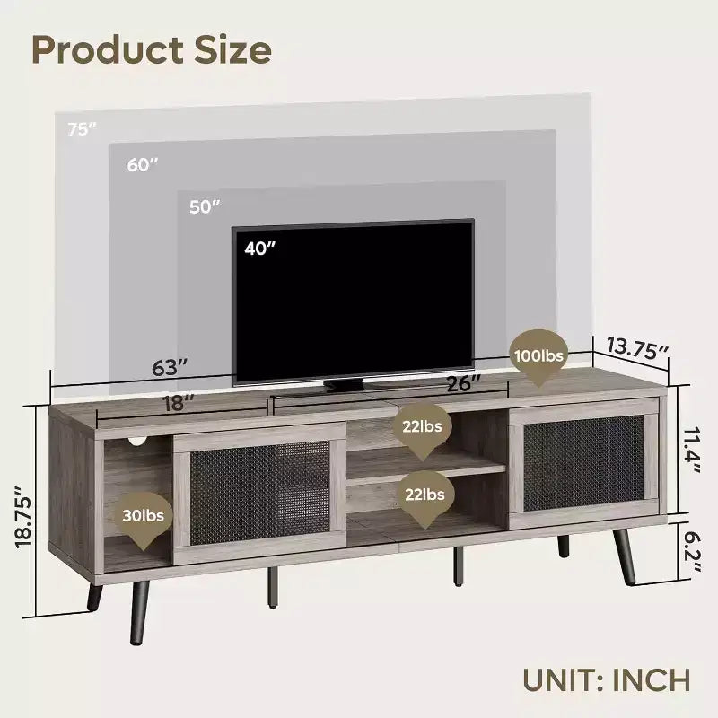 Meuble TV Bestier 63" style milieu de siècle pour téléviseurs jusqu'à 75", meuble TV avec placards de rangement et étagères ouvertes pour salon