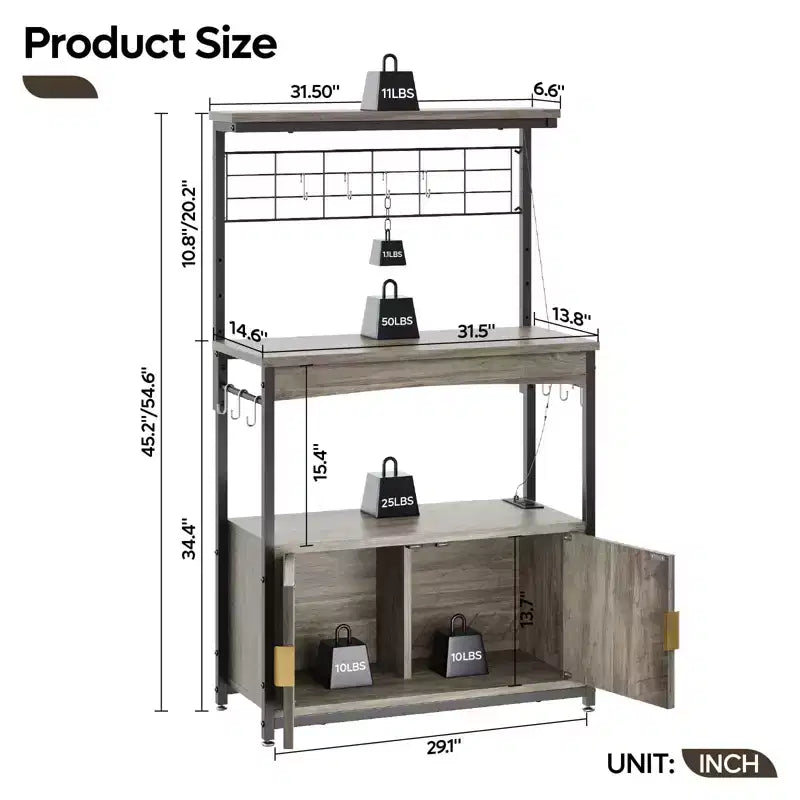 Étagère de cuisine Bestier Bakers avec prise de courant, meuble de cuisine micro-ondes réglable en hauteur de 45 à 55 pouces avec armoire de rangement, support de cuisine avec 10 crochets en S