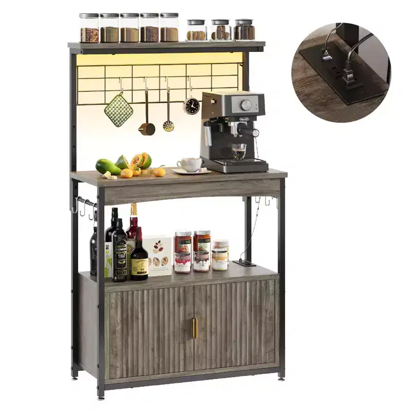 Étagère de cuisine Bestier Bakers avec prise de courant, meuble de cuisine micro-ondes réglable en hauteur de 45 à 55 pouces avec armoire de rangement, support de cuisine avec 10 crochets en S