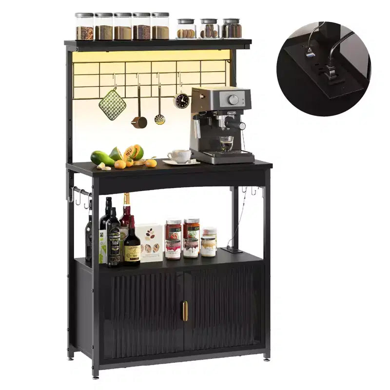 Étagère de cuisine Bestier Bakers avec prise de courant, meuble de cuisine micro-ondes réglable en hauteur de 45 à 55 pouces avec armoire de rangement, support de cuisine avec 10 crochets en S