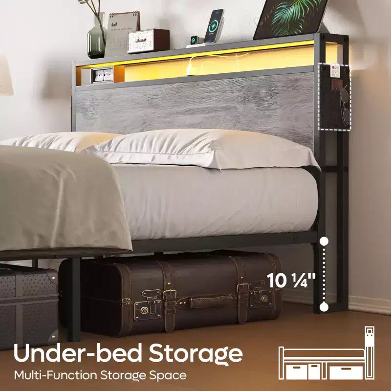 Cadre de lit double Bestier, lit plateforme à LED avec tête de lit de rangement et station de charge