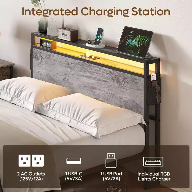 Cadre de lit double Bestier, lit plateforme à LED avec tête de lit de rangement et station de charge