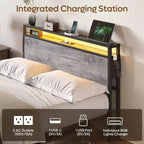 Cadre de lit double Bestier, lit plateforme à LED avec tête de lit de rangement et station de charge