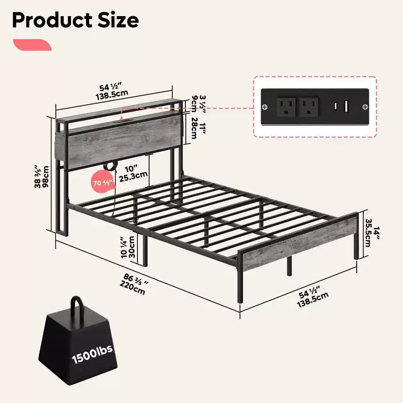 Cadre de lit double Bestier, lit plateforme à LED avec tête de lit de rangement et station de charge