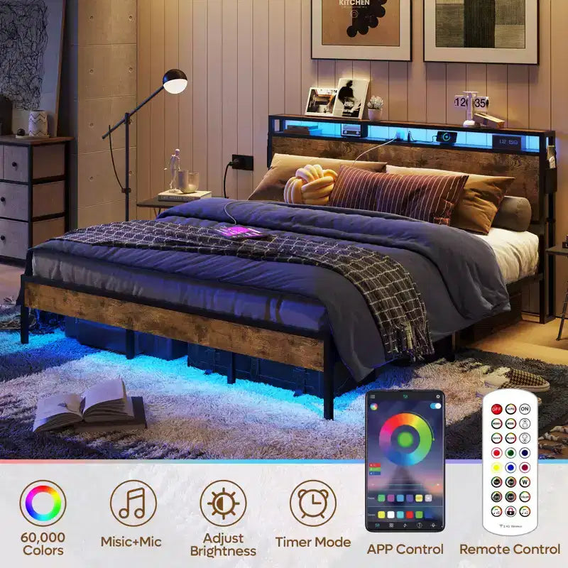 Cadre de lit double Bestier, lit plateforme à LED avec tête de lit de rangement et station de charge