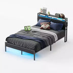 Cadre de lit double Bestier, lit plateforme à LED avec tête de lit de rangement et station de charge