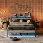 Cadre de lit double Bestier, lit plateforme à LED avec tête de lit de rangement et station de charge