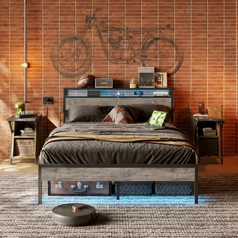 Cadre de lit double Bestier, lit plateforme à LED avec tête de lit de rangement et station de charge