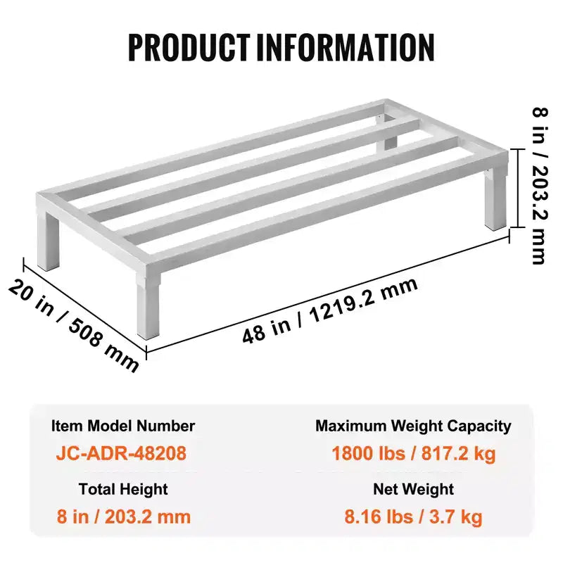 VEVOR Étagère de stockage en aluminium, 48 x 20 po, pour denrées alimentaires, surélevée de 8 po, capacité de 816,5 kg, soudée en aluminium