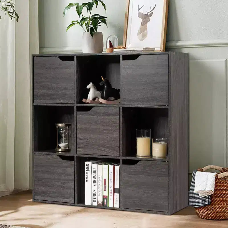 Costway Étagère 9 Cases Meuble de Rangement en Bois Étagères de Rangement Séparateur de Pièce Gris/Blanc