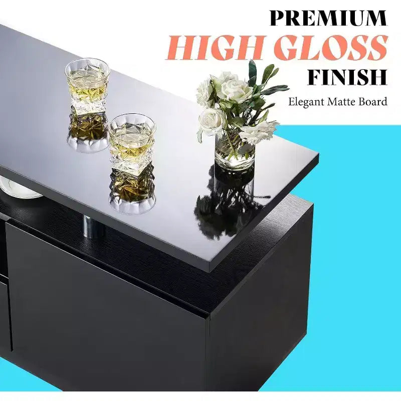 Meuble TV AMERLIFE 70" en laque brillante avec lumières LED, meuble de rangement et étagère, pour TV jusqu'à 80"