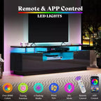 Meuble TV AMERLIFE 70" en laque brillante avec lumières LED, meuble de rangement et étagère, pour TV jusqu'à 80"