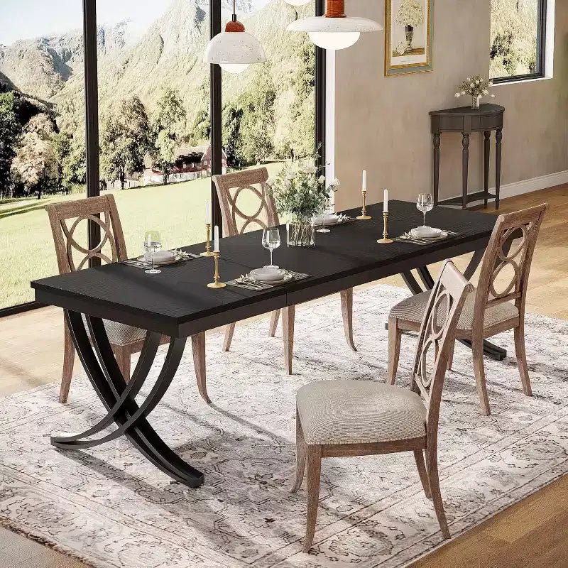 Table à manger rectangulaire de 78 pouces pour 6-8 personnes, grande table de ferme en bois avec pieds en métal robustes