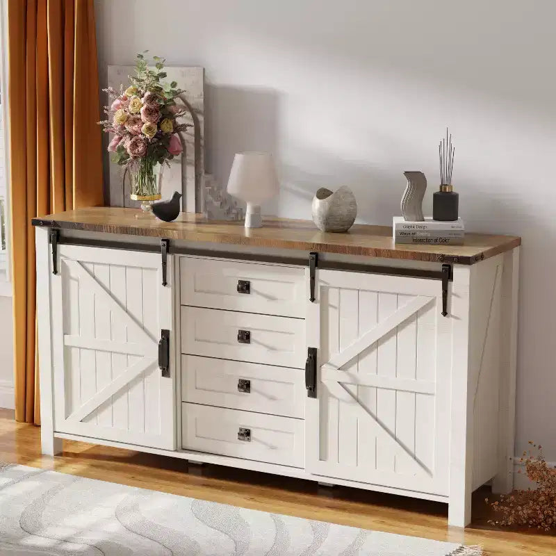 SinCiDo Coiffeuse de ferme 60 avec porte coulissante de grange et 4 tiroirs, Meuble à tiroirs pour salon, chambre à coucher, bar à café