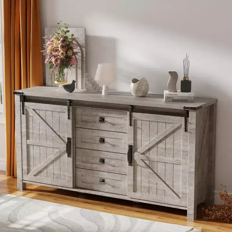 SinCiDo Coiffeuse de ferme 60 avec porte coulissante de grange et 4 tiroirs, Meuble à tiroirs pour salon, chambre à coucher, bar à café