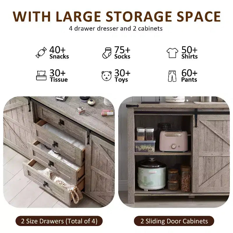 SinCiDo Coiffeuse de ferme 60 avec porte coulissante de grange et 4 tiroirs, Meuble à tiroirs pour salon, chambre à coucher, bar à café