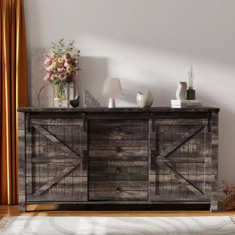 SinCiDo Coiffeuse de ferme 60 avec porte coulissante de grange et 4 tiroirs, Meuble à tiroirs pour salon, chambre à coucher, bar à café
