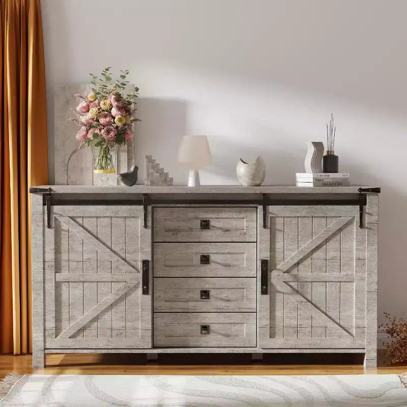 SinCiDo Coiffeuse de ferme 60 avec porte coulissante de grange et 4 tiroirs, Meuble à tiroirs pour salon, chambre à coucher, bar à café