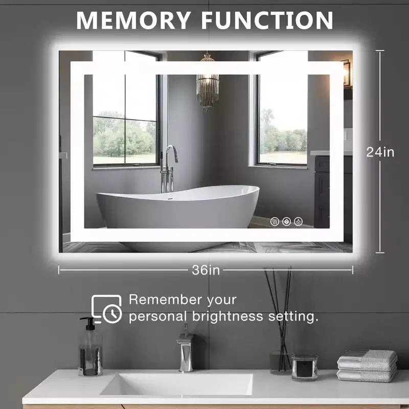 Miroir anti-buée 24x36 pouces, Grand miroir de salle de bain LED avec capteur tactile, Blanc