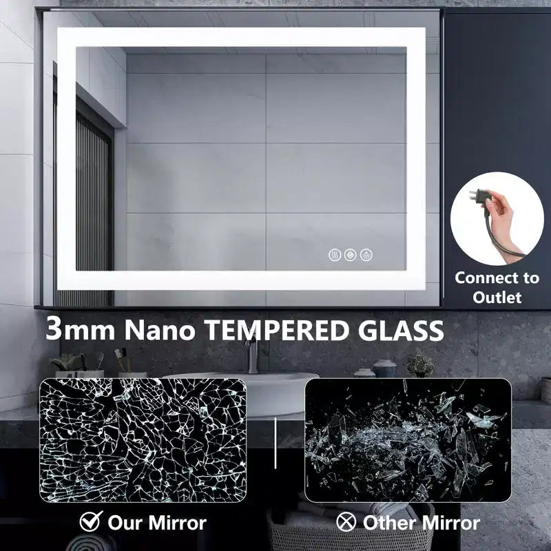 Miroir anti-buée 24x36 pouces, Grand miroir de salle de bain LED avec capteur tactile, Blanc