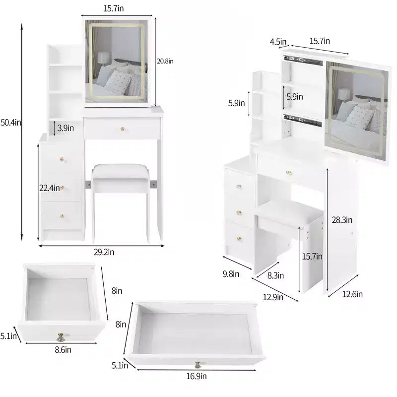 Table de toilette et ensemble de chaises Okak, petite table de chevet gauche de 29,2 avec miroir coulissant LED tactile extra-large, blanc