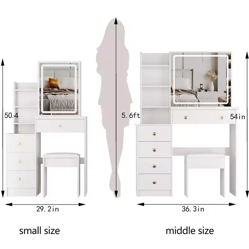 Table de toilette et ensemble de chaises Okak, petite table de chevet gauche de 29,2 avec miroir coulissant LED tactile extra-large, blanc