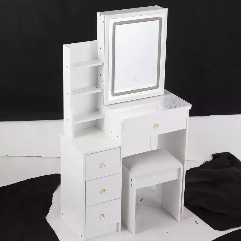 Table de toilette et ensemble de chaises Okak, petite table de chevet gauche de 29,2 avec miroir coulissant LED tactile extra-large, blanc