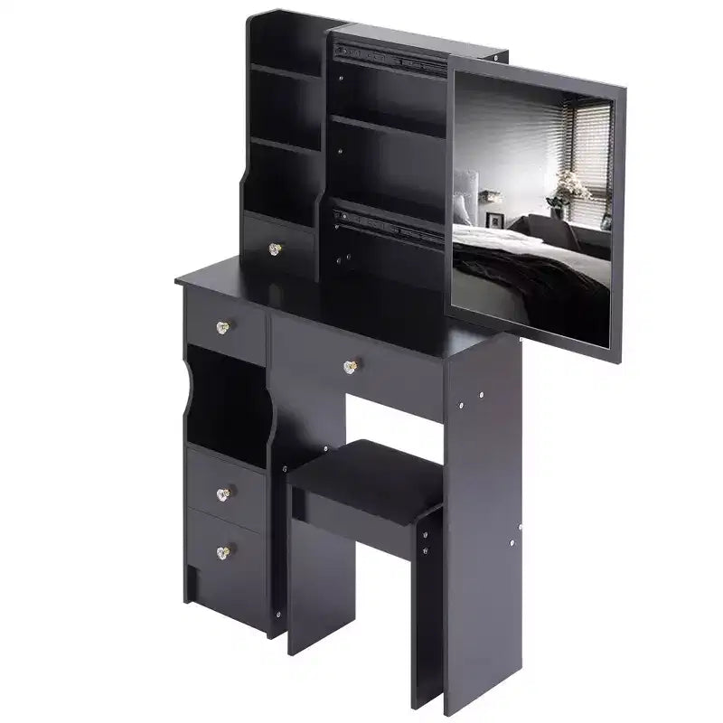 Coiffeuse et tabouret Okak avec petit tiroir gauche de 29,2, coiffeuse avec grand miroir coulissant tactile, noir
