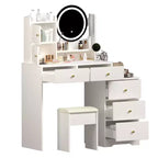Coiffeuse Okak avec tiroirs à droite et lumières pour maquillage et chaise rembourrée, coiffeuse avec lumières et ensemble de table avec 3 couleurs d'éclairage, blanc