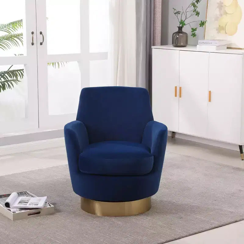 Fauteuil pivotant de luxe en velours Okak, fauteuil d'appoint rotatif silencieux à 360° avec base dorée pour salon, chambre, bureau