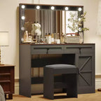 Coiffeuse Okak avec grand miroir, coiffeuse avec plateau en verre transparent et 3 tiroirs pour appartement/chambre à coucher
