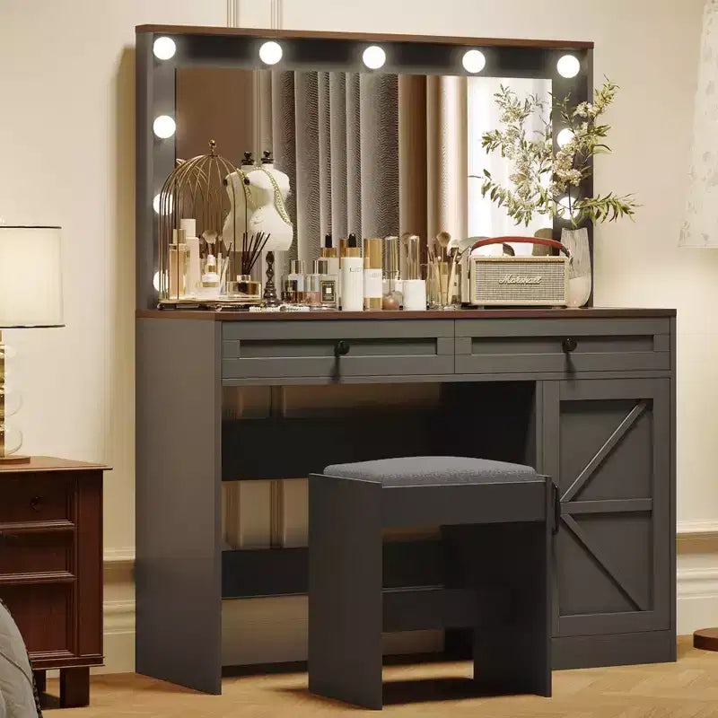 Coiffeuse Okak avec grand miroir, coiffeuse avec plateau en verre transparent et 3 tiroirs pour appartement/chambre à coucher