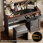 Coiffeuse Okak avec grand miroir, coiffeuse avec plateau en verre transparent et 3 tiroirs pour appartement/chambre à coucher