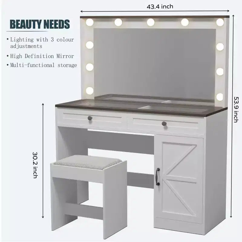 Coiffeuse Okak avec grand miroir, coiffeuse avec plateau en verre transparent et 3 tiroirs pour appartement/chambre à coucher
