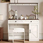 Coiffeuse Okak avec grand miroir, coiffeuse avec plateau en verre transparent et 3 tiroirs pour appartement/chambre à coucher