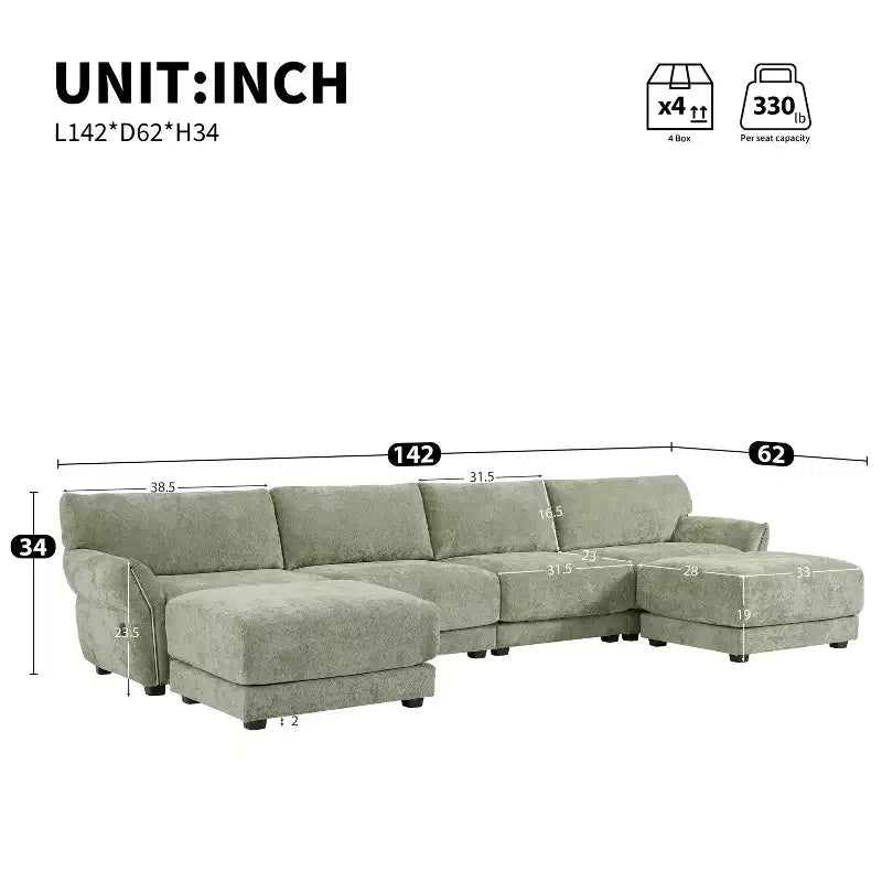Canapé d'angle modulable Whisen 142, en U avec coussin d'assise extra large, chargeurs USB et USB-C