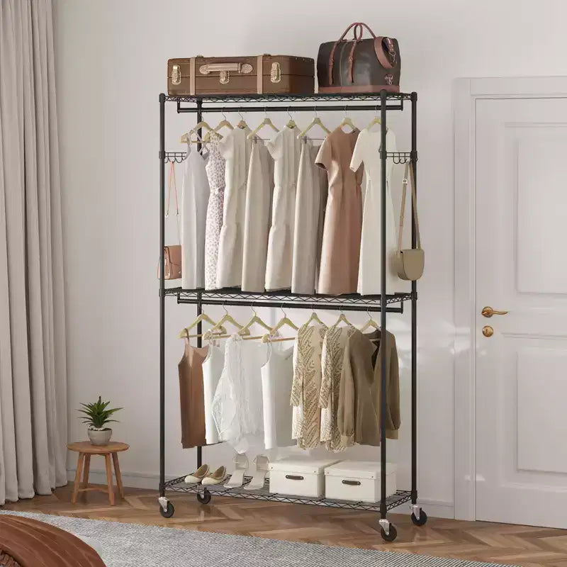 VEVOR Portant à Vêtements Robuste, Portant à Vêtements Roulant avec 3 Niveaux de Rangement, 2 Tiges et 2 Paires de Crochets Latéraux, Capacité de Charge de 181 kg