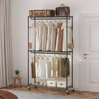 VEVOR Portant à Vêtements Robuste, Portant à Vêtements Roulant avec 3 Niveaux de Rangement, 2 Tiges et 2 Paires de Crochets Latéraux, Capacité de Charge de 181 kg