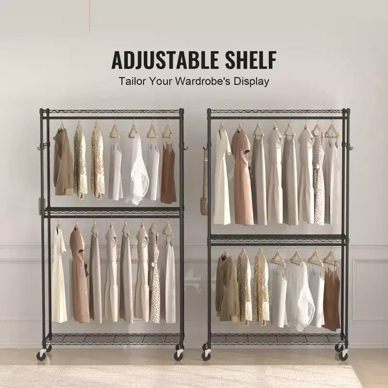 VEVOR Portant à Vêtements Robuste, Portant à Vêtements Roulant avec 3 Niveaux de Rangement, 2 Tiges et 2 Paires de Crochets Latéraux, Capacité de Charge de 181 kg
