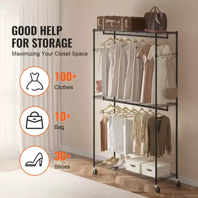 VEVOR Portant à Vêtements Robuste, Portant à Vêtements Roulant avec 3 Niveaux de Rangement, 2 Tiges et 2 Paires de Crochets Latéraux, Capacité de Charge de 181 kg