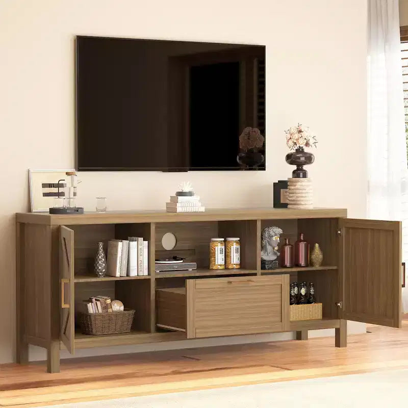 Meuble TV pour téléviseur 65 pouces, console TV de style campagnard pour salon, meuble de divertissement haut avec doubles portes coulissantes pour chambre à coucher