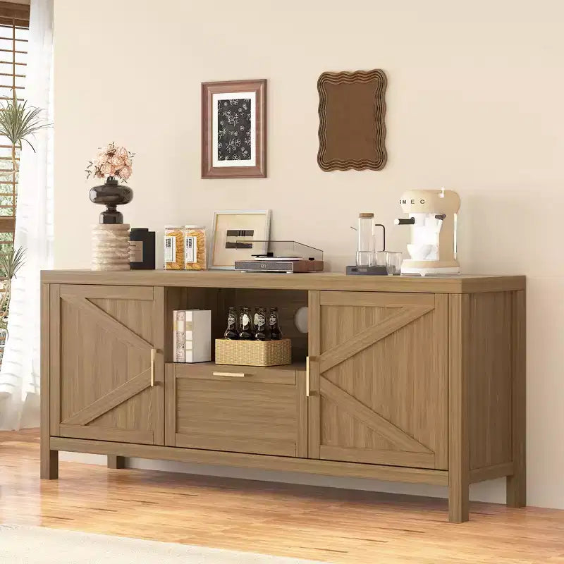 Meuble TV pour téléviseur 65 pouces, console TV de style campagnard pour salon, meuble de divertissement haut avec doubles portes coulissantes pour chambre à coucher