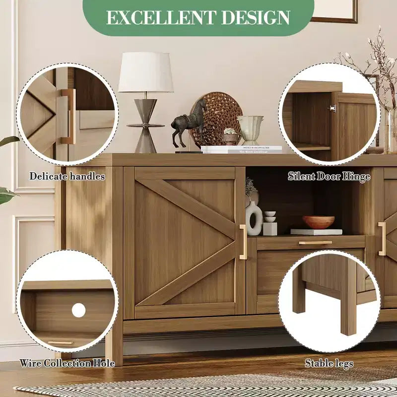 Meuble TV pour téléviseur 65 pouces, console TV de style campagnard pour salon, meuble de divertissement haut avec doubles portes coulissantes pour chambre à coucher