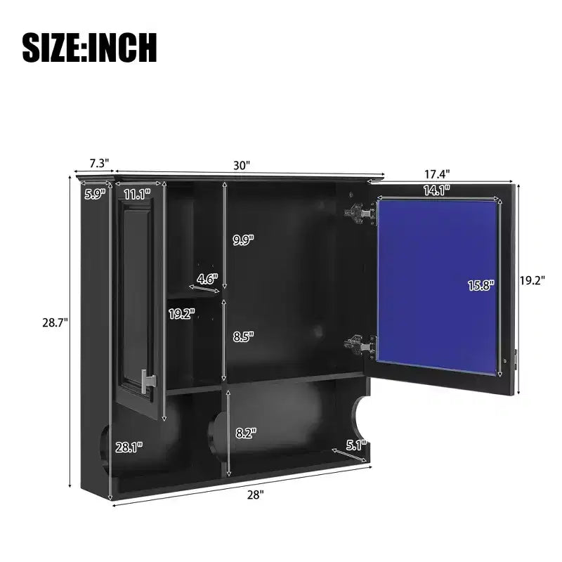 Meuble haut de salle de bain CASAINC 30'' avec miroir, étagères ouvertes, portes et étagère réglable