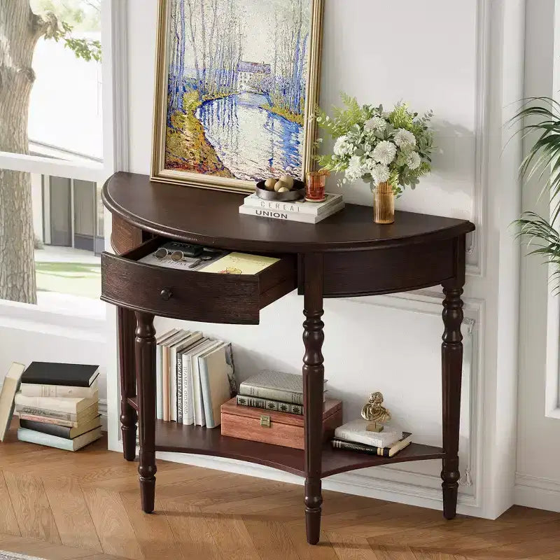 GDFStudio Malory Table console demi-lune de ferme 39 po avec tiroir et étagère